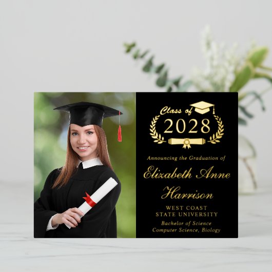 Elegant Photo College Black Graduparty Folie Uitnodiging (Staand Voorkant)