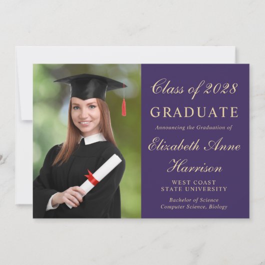 Elegant Photo College Paarse Graduparty Kaart (Voorkant)