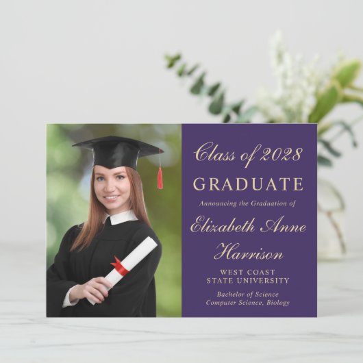 Elegant Photo College Paarse Graduparty Kaart (Staand voorkant)