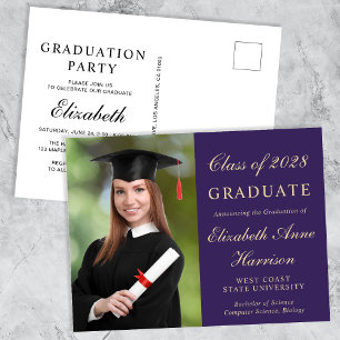 Elegant Photo College Paarse Graduparty Uitnodiging Briefkaart