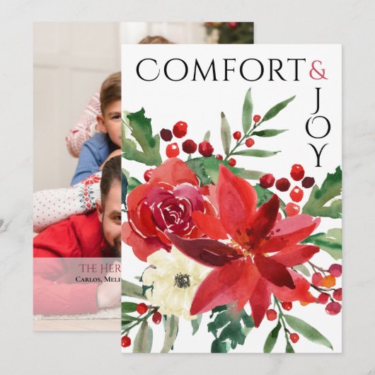 Elegant Photo Comfort & Joy Poinsettia Kerstmis Feestdagenkaart (Voorkant / Achterkant)