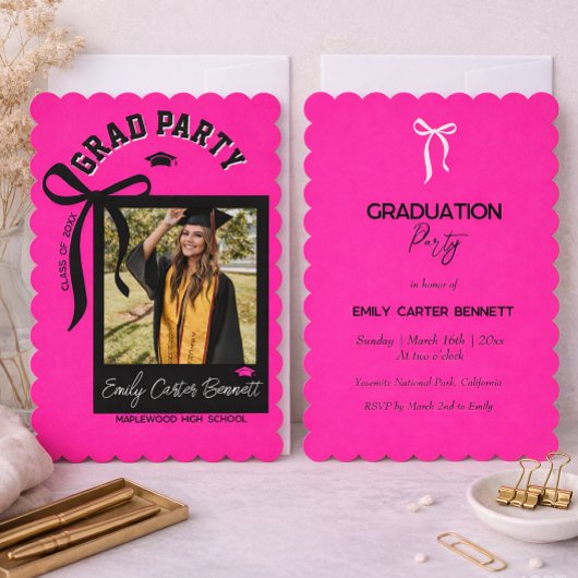 Elegant Photo Coquette Black Pink Bow Graduation Kaart