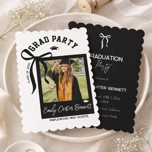 Elegant Photo Coquette Black White Bow Graduation Kaart