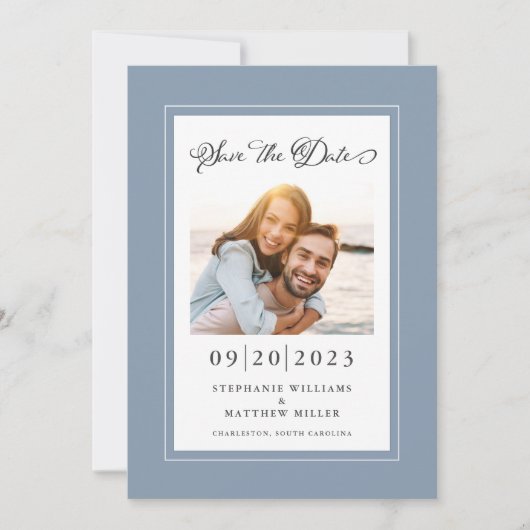Elegant Photo Dusty Blue Save the Date Verloving (Voorkant)