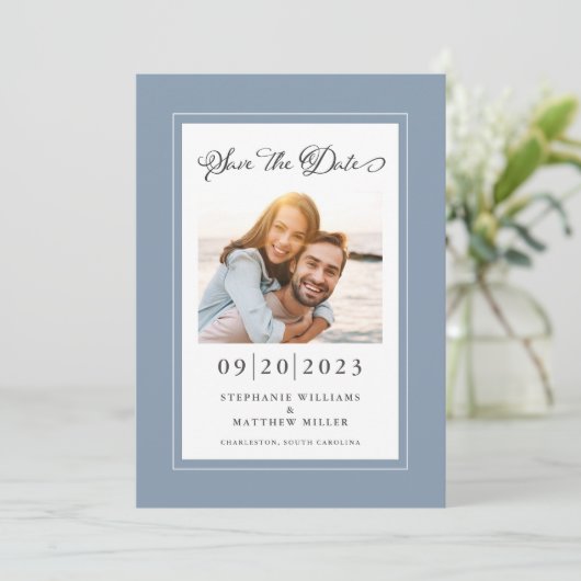 Elegant Photo Dusty Blue Save the Date Verloving (Staand voorkant)