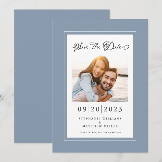 Elegant Photo Dusty Blue Save the Date Verloving (Voorkant / Achterkant)