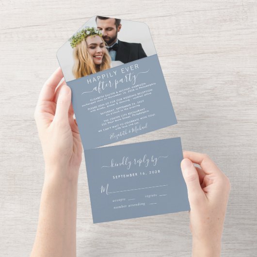 Elegant Photo Dusty Blue Wedding Reception All In One Uitnodiging (Afscheurbaar)