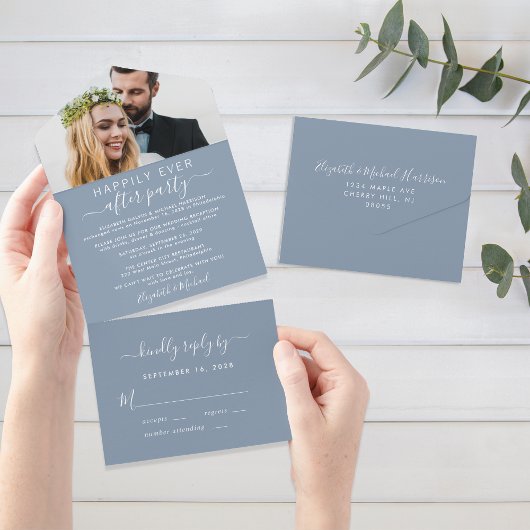Elegant Photo Dusty Blue Wedding Reception All In One Uitnodiging