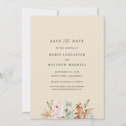 Elegant Photo Earthy Blooms met beige Weddenschap Save The Date (Achterkant)