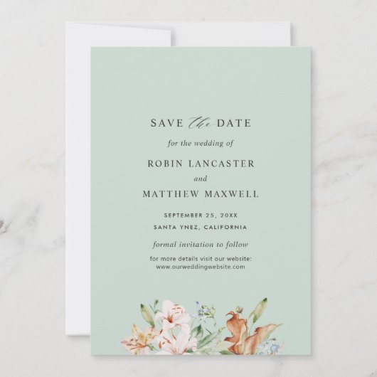 Elegant Photo Earthy Blooms met Green Wedding Save The Date (Achterkant)