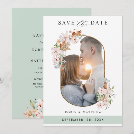 Elegant Photo Earthy Blooms met Green Wedding Save The Date (Voorkant / Achterkant)