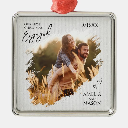 Elegant Photo First Christmas Engaged Metalen Ornament (Voorkant)