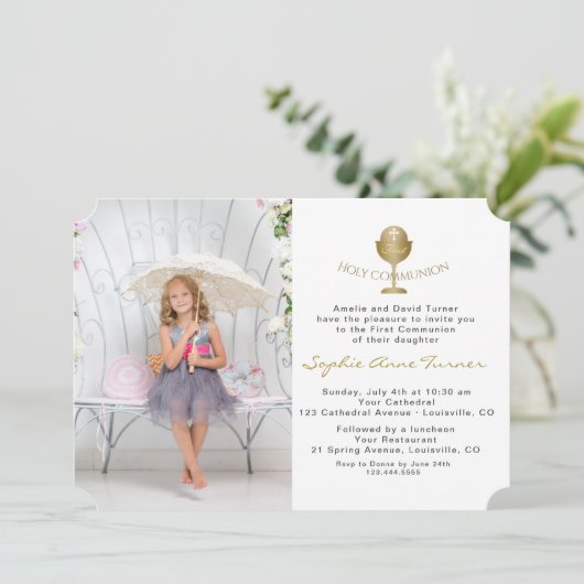 Elegant Photo Girl Gold Chalice Heilige Communie Kaart (Staand voorkant)