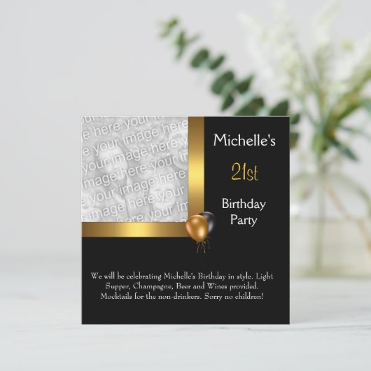 Elegant Photo Gold Black Ballon 21e verjaardag Kaart (Staand voorkant)