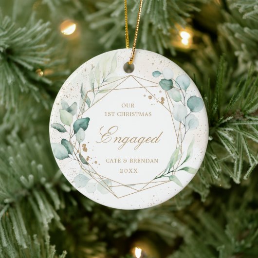 Elegant Photo Gold Geometric Eucalyptus Engagement Keramisch Ornament (Boom)