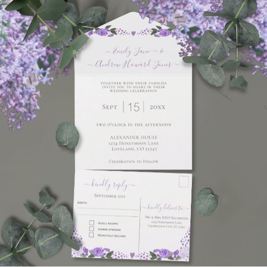 Elegant Photo Gold Geometric Paarsste Peony Wedden All In One Uitnodiging