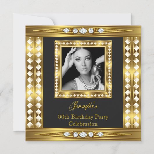 Elegant Photo Gold Glam Diamond Black Birthday Kaart (Voorkant)