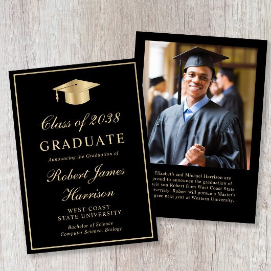 Elegant Photo Gold Grad Cap Black Graduation Aankondiging