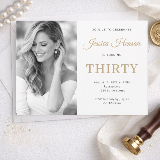 Elegant Photo Gold Script Minimal 30th Birthday Kaart