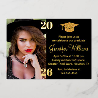 elegant photo graduation 2026 black & gold party  folie uitnodiging