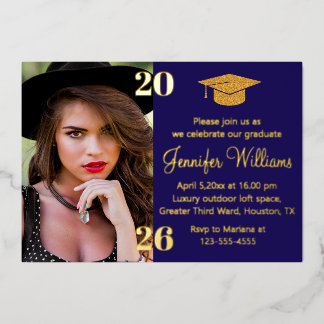 elegant photo graduation 2026 blue & gold party  folie uitnodiging