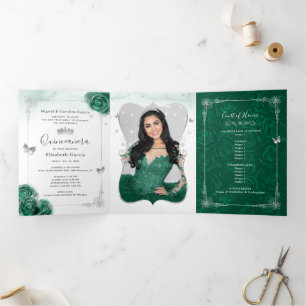 Elegant Photo Green Roos Silver Quinceanera Drieluik Uitnodiging
