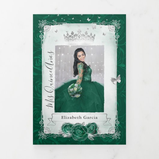 Elegant Photo Green Roos Silver Quinceanera Drieluik Uitnodiging (Cover)