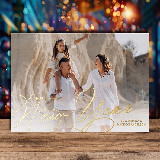 Elegant Photo Happy New Year Script Gold Folie Feestdagenkaart