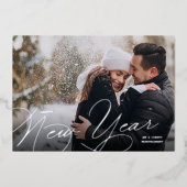 Elegant Photo Happy New Year Script Silver Folie Feestdagenkaart (Voorkant)