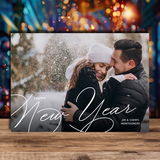 Elegant Photo Happy New Year Script Silver Folie Feestdagenkaart