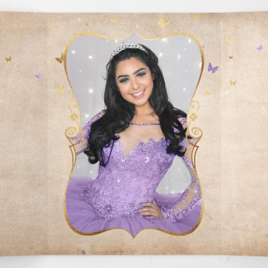 Elegant Photo Light Paars en Gold Quinceanera Drieluik Uitnodiging (Binnenkant midden)