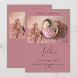 Elegant Photo Mauve Baby Birth Announcement Card Aankondiging