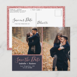Elegant Photo Navy Blue Roos Glitter Save the Date Aankondigingskaart