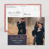Elegant Photo Navy Blue Roos Glitter Save the Date Aankondigingskaart (Voorkant / Achterkant)
