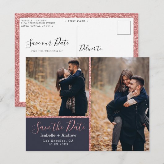 Elegant Photo Navy Blue Roos Glitter Save the Date Aankondigingskaart (Voorkant / Achterkant)