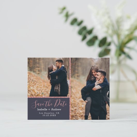 Elegant Photo Navy Blue Roos Glitter Save the Date Aankondigingskaart (Staand voorkant)