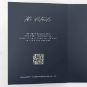 Elegant photo navy blue wedding RSVP details QR Drieluik Uitnodiging (Binnenzijde eerst)