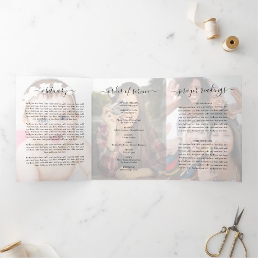 Elegant Photo Overlay Funeral Memorial Programme Drieluik Uitnodiging (Binnen)