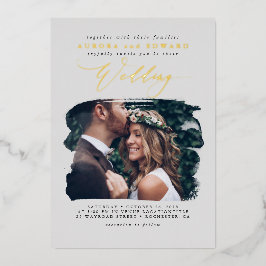 Elegant Photo Overlay Gray Boho Wedding Real Folie Uitnodiging