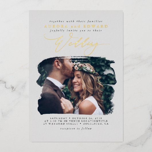 Elegant Photo Overlay Gray Boho Wedding Real Folie Uitnodiging (Voorkant)