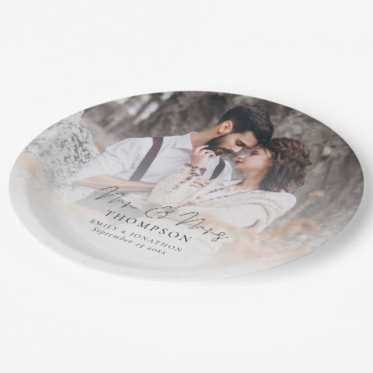 Elegant Photo Overlay Mrs Names Date Wedding Papieren Bordje (Gekanteld)