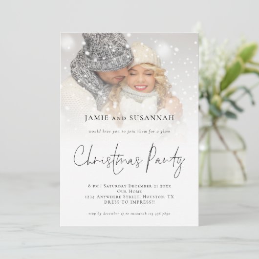 Elegant Photo Overlay Script Kerstparty Kaart (Staand voorkant)