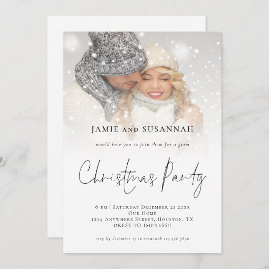 Elegant Photo Overlay Script Kerstparty Kaart (Voorkant / Achterkant)