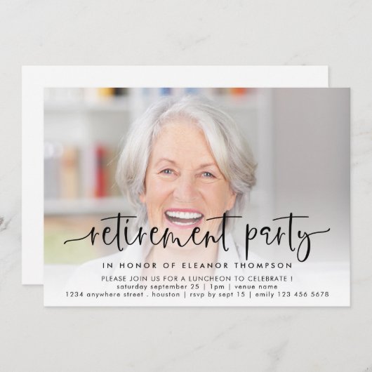Elegant Photo Overlay Script Retirement Kaart (Voorkant / Achterkant)