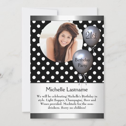 Elegant Photo Polka Dot Silver Balloon 21st Kaart (Voorkant)