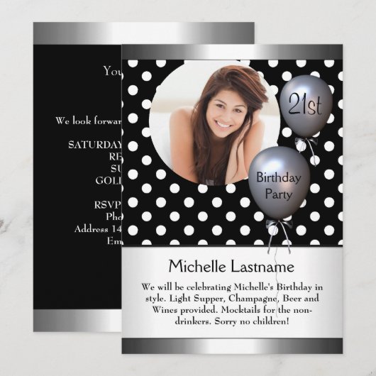 Elegant Photo Polka Dot Silver Balloon 21st Kaart (Voorkant / Achterkant)