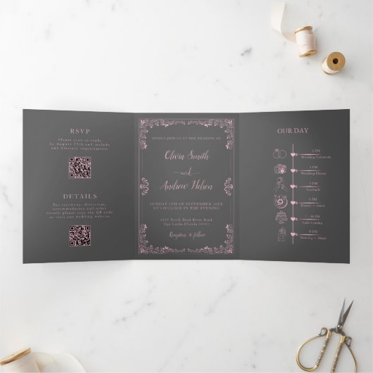 Elegant Photo QR code All in one RSVP wedding Drieluik Uitnodiging (Binnen)