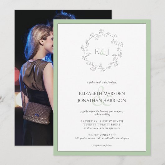 Elegant Photo Sage Green Monogram Wreater Kaart (Voorkant / Achterkant)