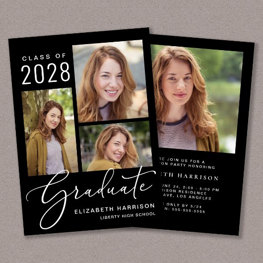 Elegant Photo Script Black Graduparty Kaart