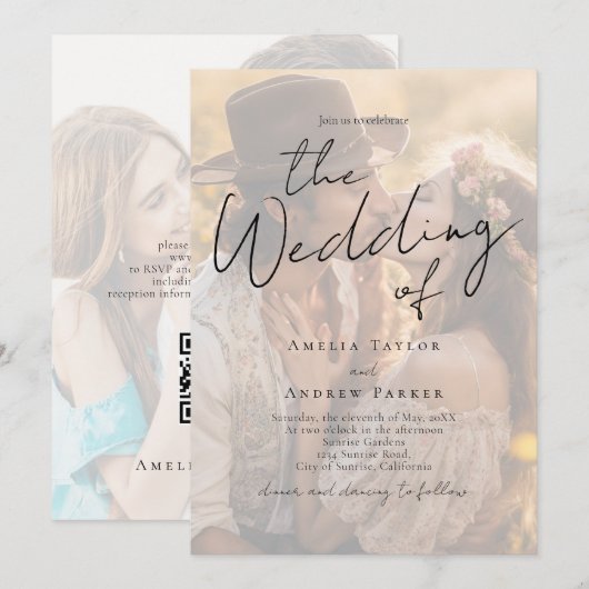 Elegant Photo Script Calligraphy QR Code Wedding Kaart (Voorkant / Achterkant)